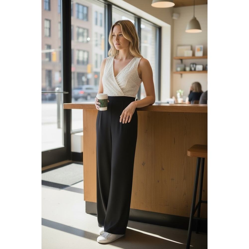 Ivory/Black Lace Sleeveless Wide Leg Jumpsuit with Pockets | Express| Women's S